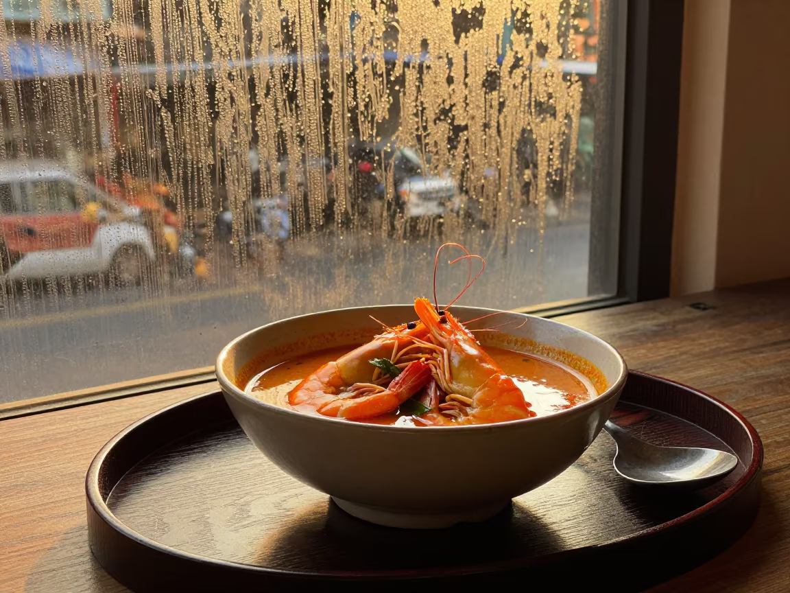 Tom Yum Goong Bowl in Amber Sunset Light in on a lacquered tray in Bangkok