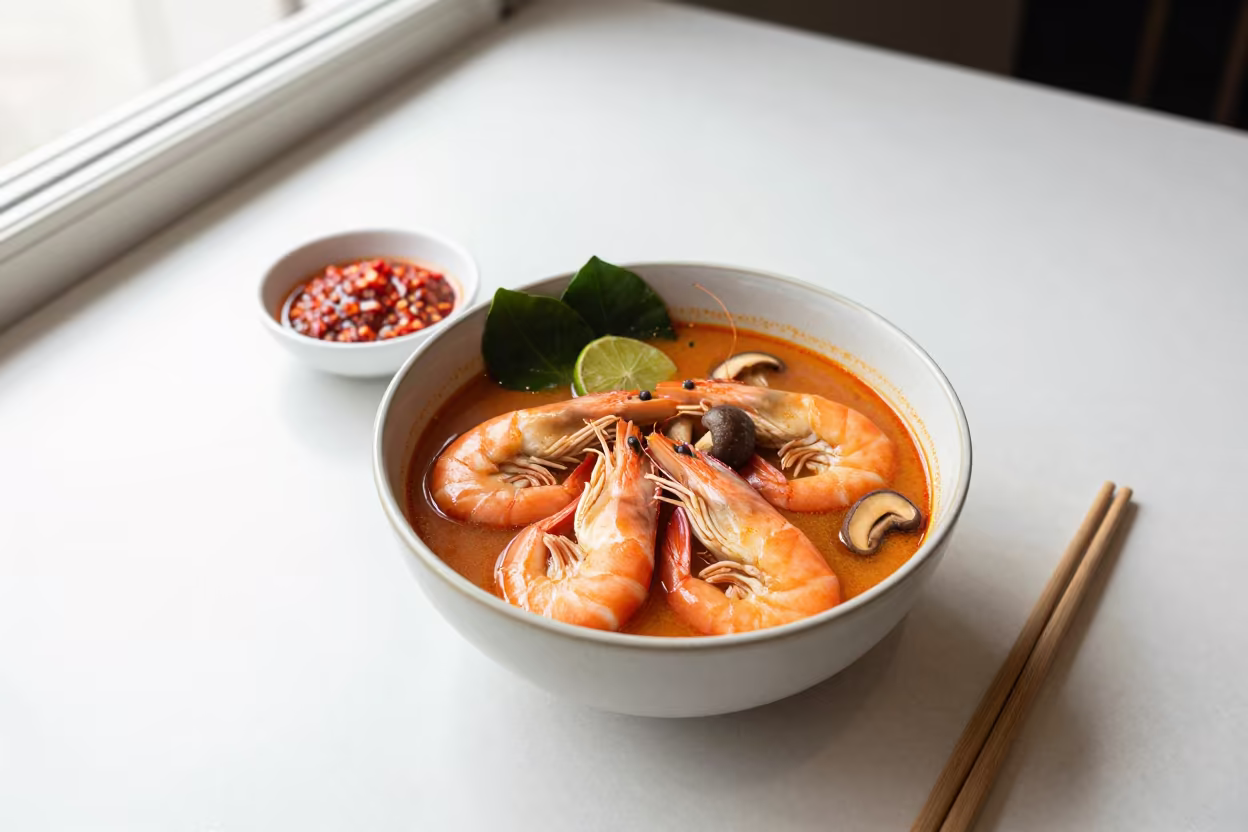 Tom Yum Goong Bowl in Chiang Mai Restaurant in on a restaurant table in Santitham, Chiang Mai