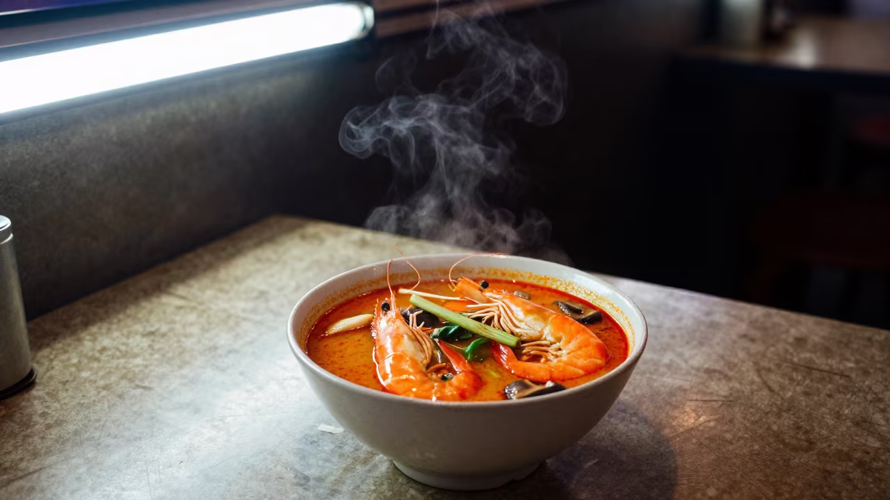 Tom Yum Goong Bowl Night Bangkok in on a restaurant table in Bangkok