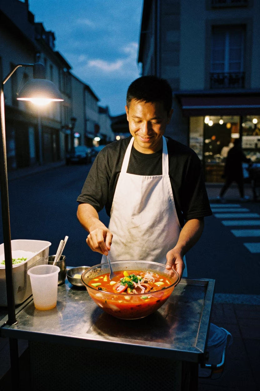 Tom Yum Goong in Nice at The Predawn Darkness Light in in Nice, France