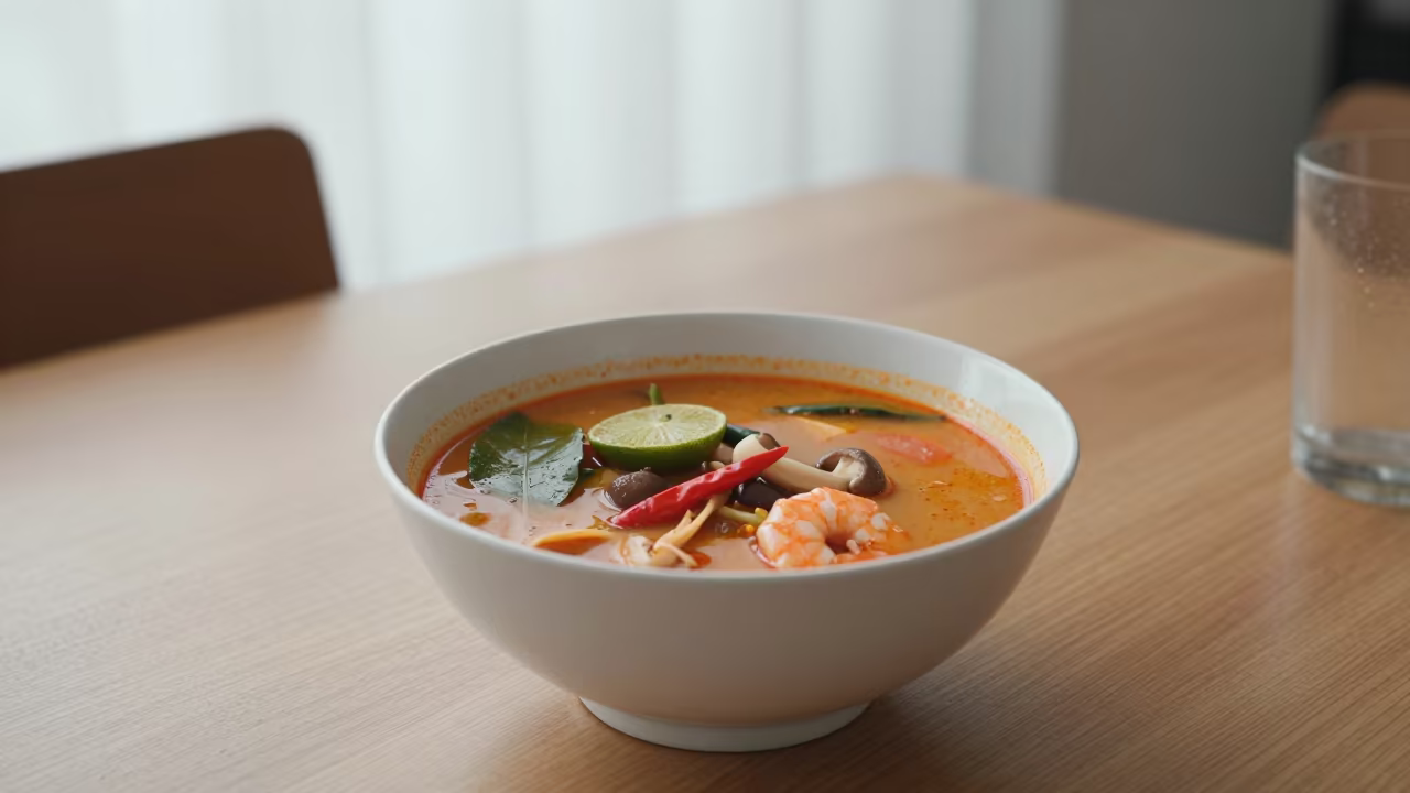 Tom Yum Soup Bowl in Bangkok Monsoon Light in on a small dining table by a window in Charoen Krung, Bangkok