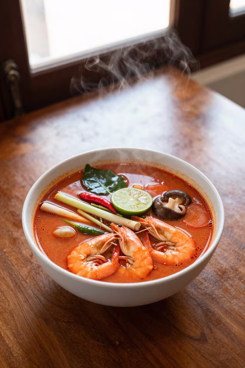 Tom Yum Soup Bowl Chiang Mai Morning in on a small dining table by a window in Chiang Mai
