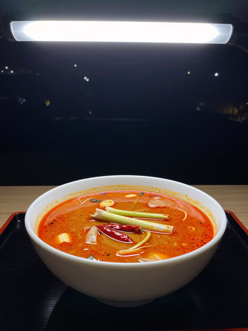 Tom Yum Soup Bowl on Lacquered Tray in Bangkok in on a lacquered tray in Bangkok