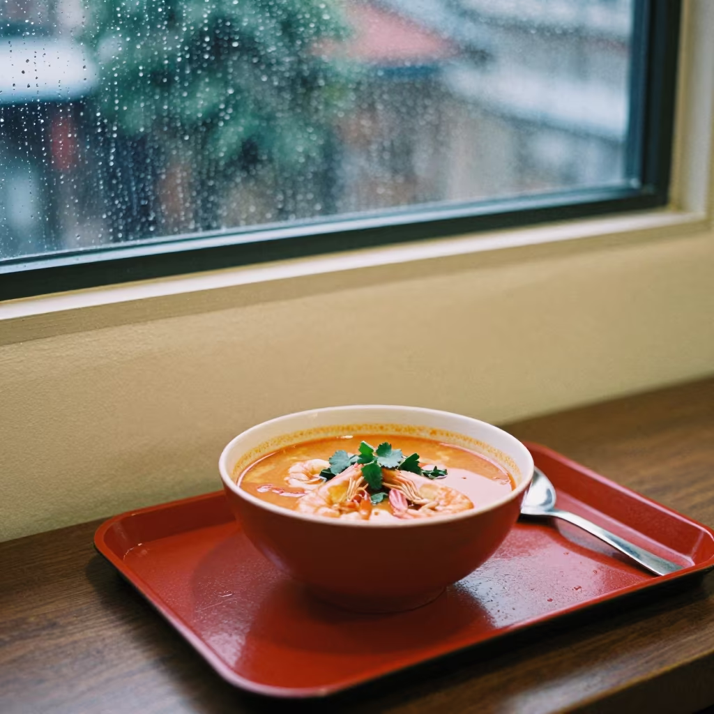 Tom Yum Soup Bowl on Lacquered Tray in on a lacquered tray in Charoen Krung, Bangkok