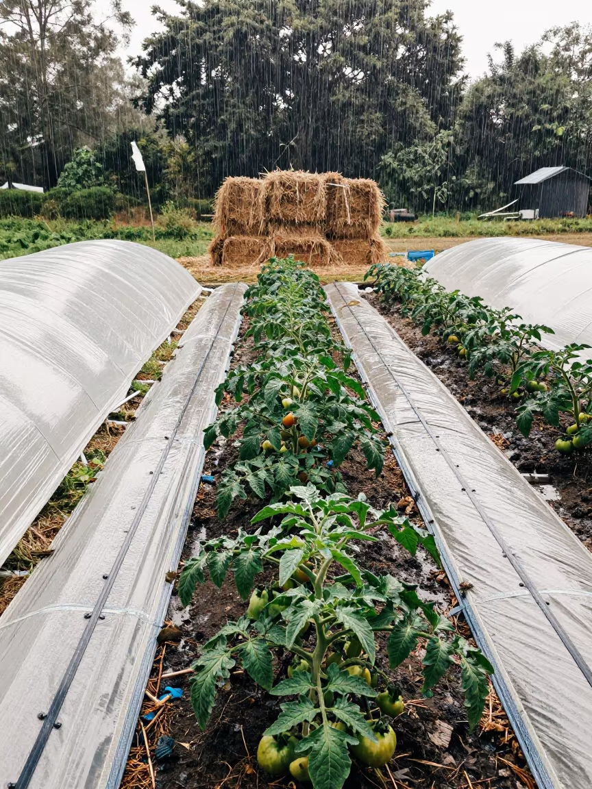 Tomato Furrow Under White Hoops in Rain in beside stacked hay bales near Charallave