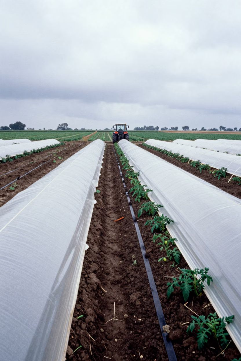 Tomato Furrow Under White Hoops Near Turmero in beside a tractor track through dark soil near Turmero