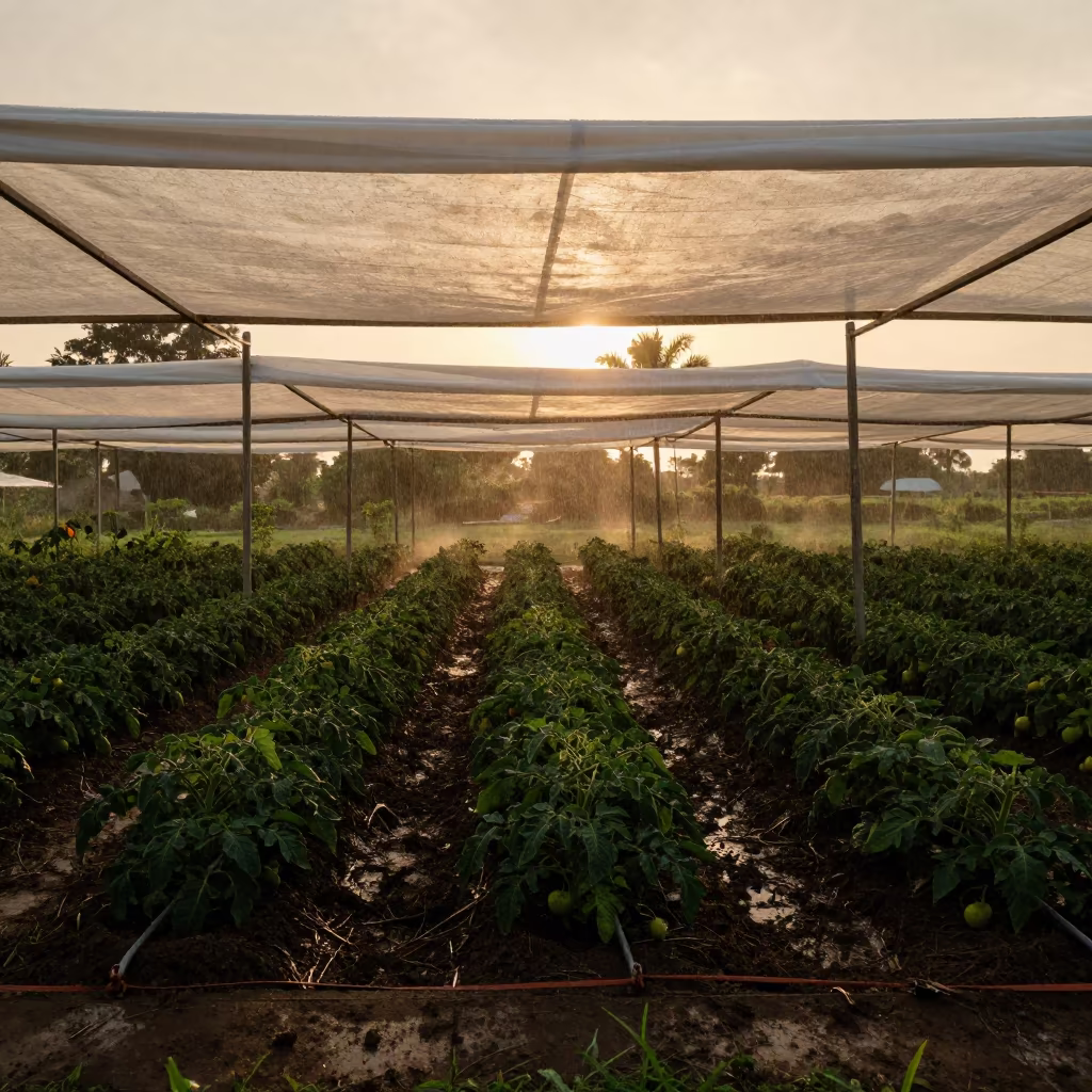 Tomato Rows Silhouetted in Evening Rain in along freshly irrigated rows in Nicaragua