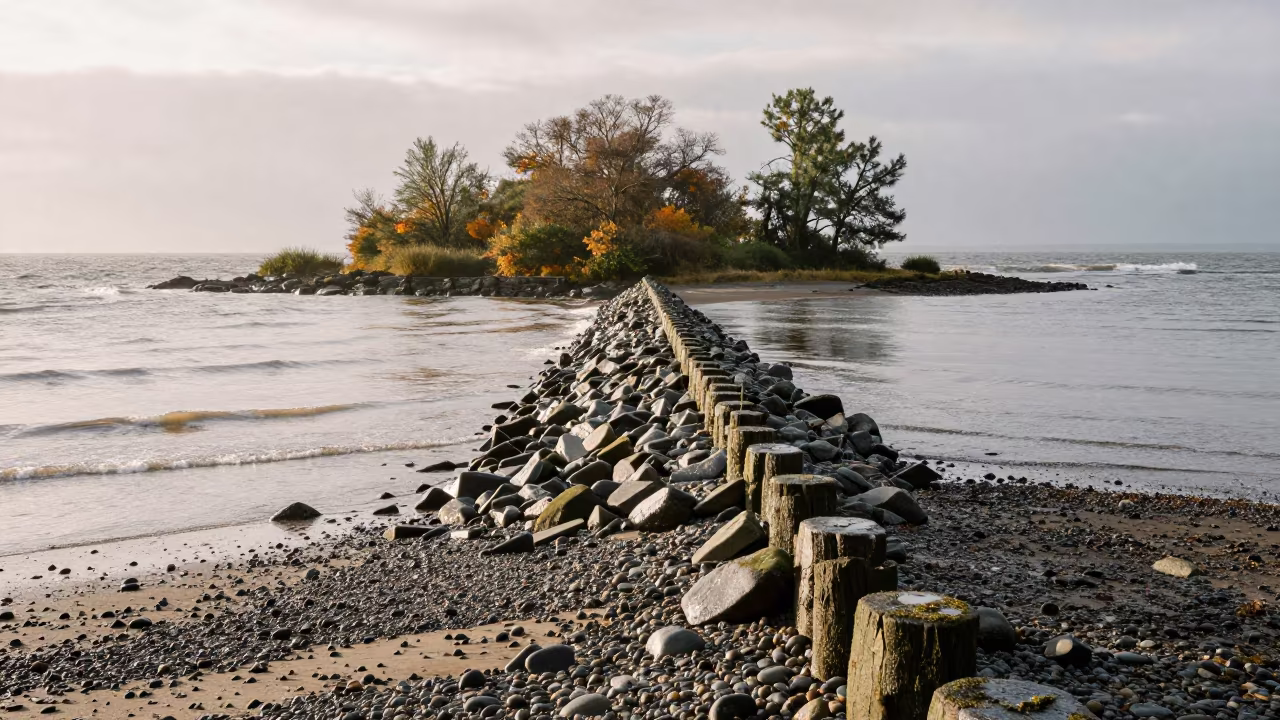 Tombolo Connecting Island to Cologne Shoreline After Rain in along a wave-cut shoreline near Cologne