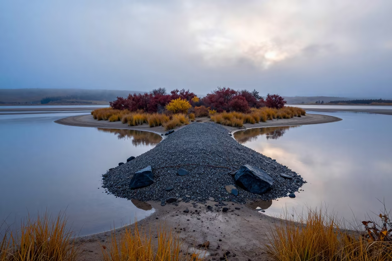 Tombolo Island Floodplain Autumn Evening in across a floodplain after rain in Wyoming