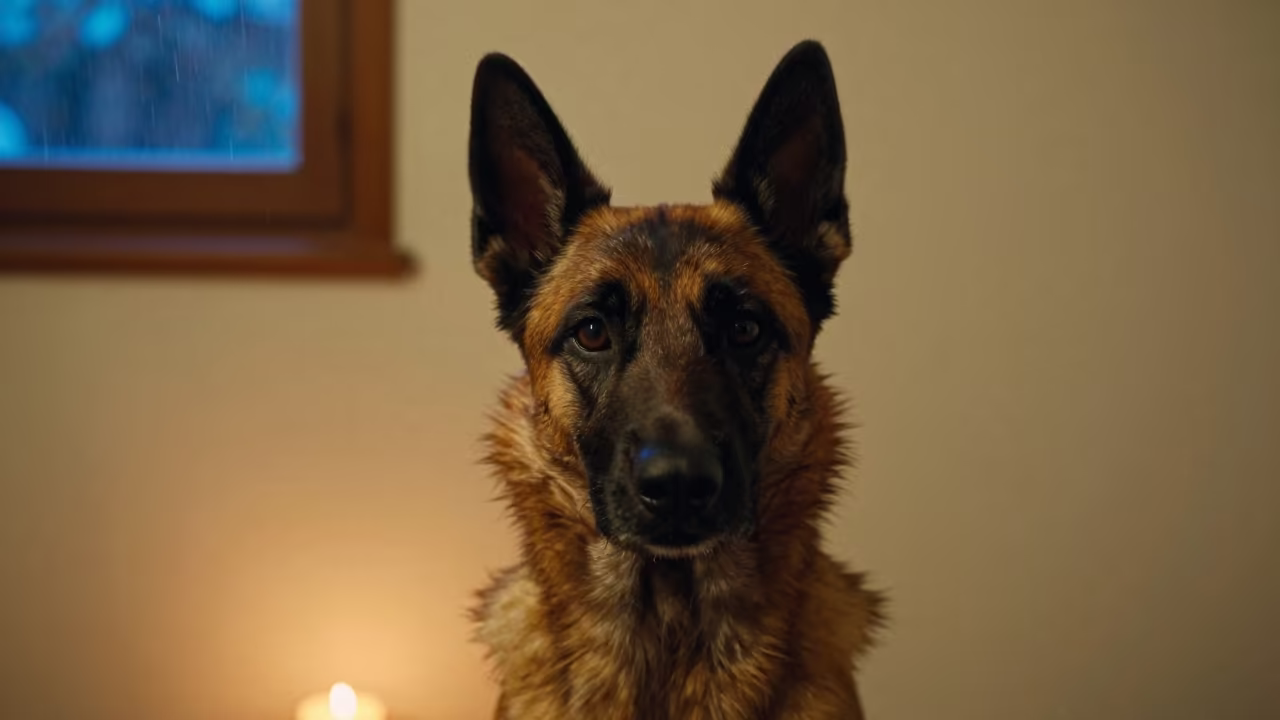 Tonalá Belgian Laekenois Portrait Candlelight in beside a plain plaster wall in soft indoor light with the animal centered in frame in Tonalá
