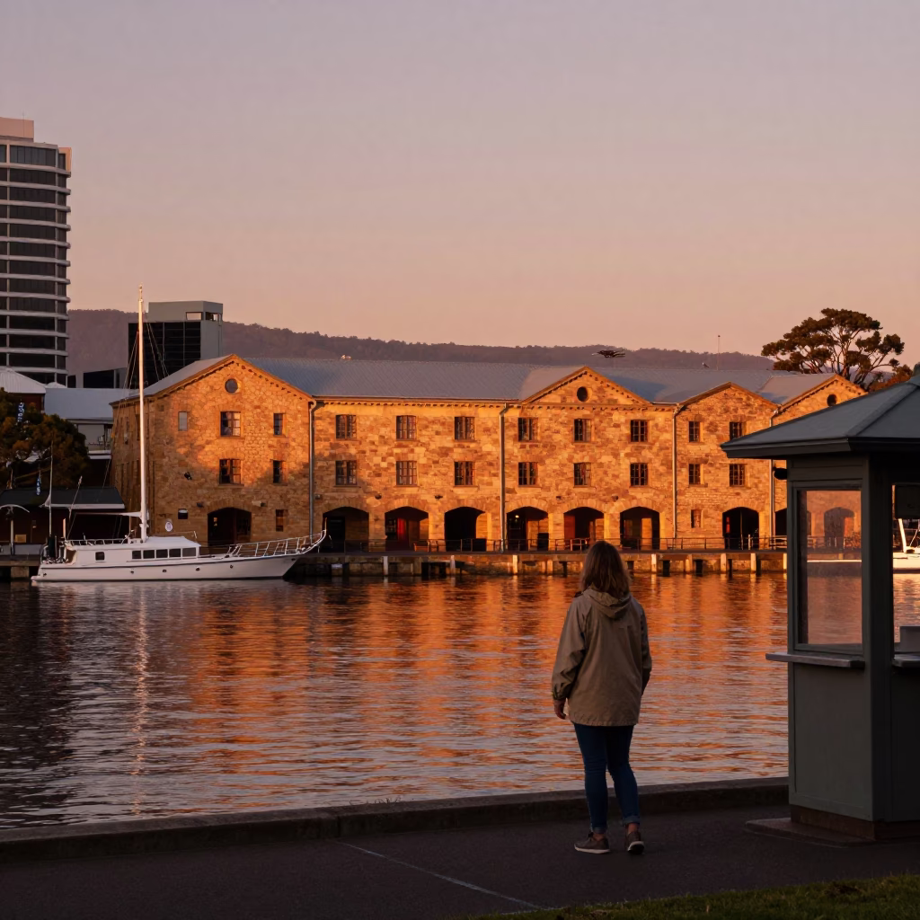 Toned Dusk in Hobart at Copper-toned Light Before Dusk in in Hobart, Tasmania, Australia