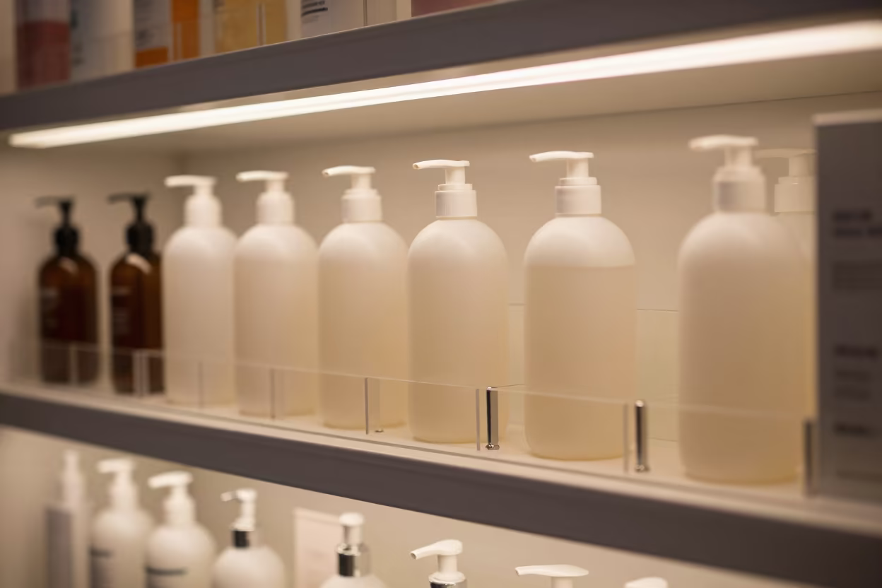 Toner Bottle Shade Shelf Beauty Supply in in a beauty supply area under white LEDs in Guadalupe