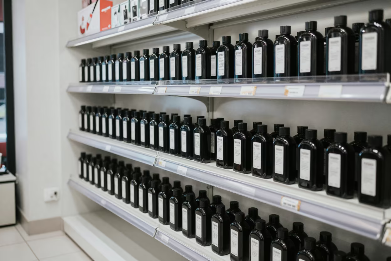 Toner Bottle Shade Shelf Kingston Beauty in in a beauty supply area under white LEDs in Kingston