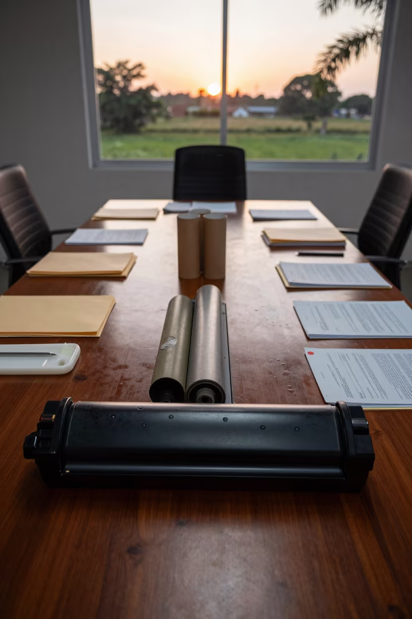 Toner Key Rail and Folders on Arua Boardroom Table in at a boardroom table before a meeting in Arua