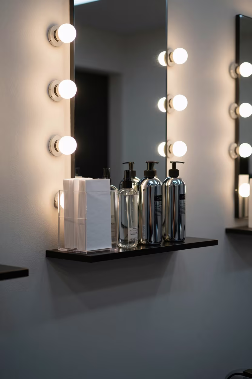Toner Shade Shelf Under Salon Light in at a barber station beneath mirror bulbs near Surat