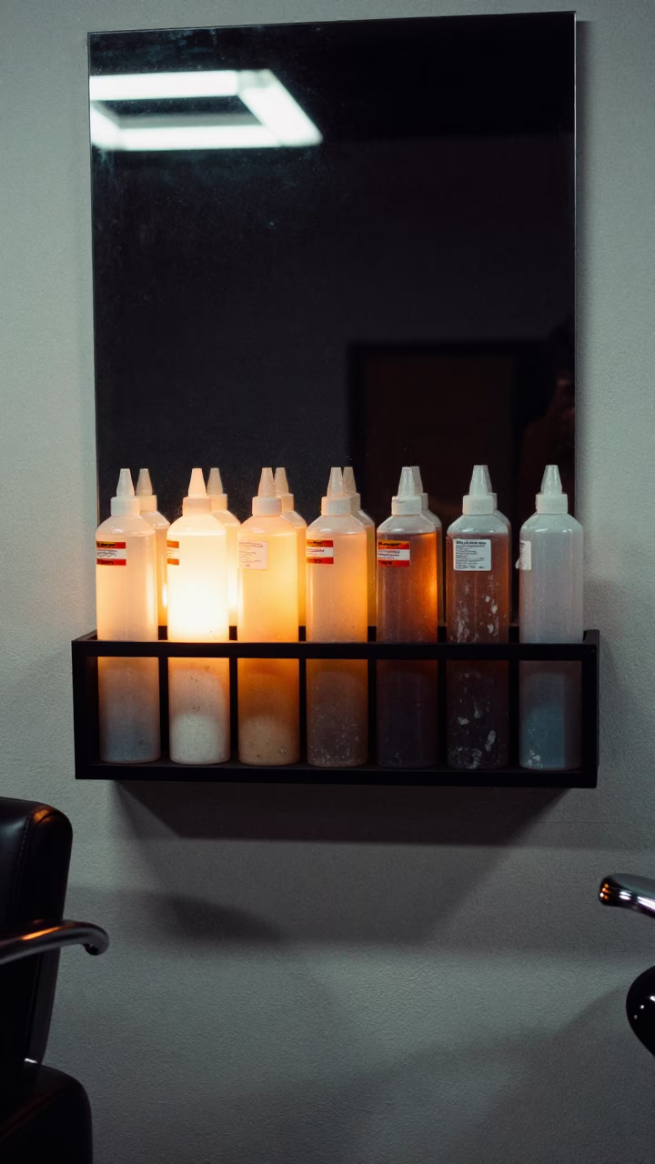 Toner Shelf Under Candlelight at Merida Barber Station in at a barber station beneath mirror bulbs near Merida