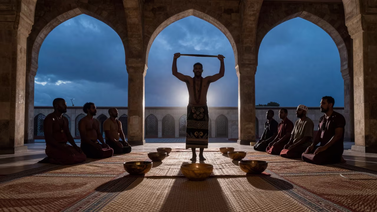 Tongan Kava Ceremony in Cairo Prayer Hall Blue Hour in in a prayer hall near Downtown, Cairo