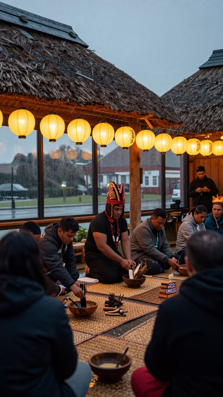Tongan Kava Ceremony in Hull Shrine Before Dawn in in a shrine lined with lanterns near Kingston upon Hull