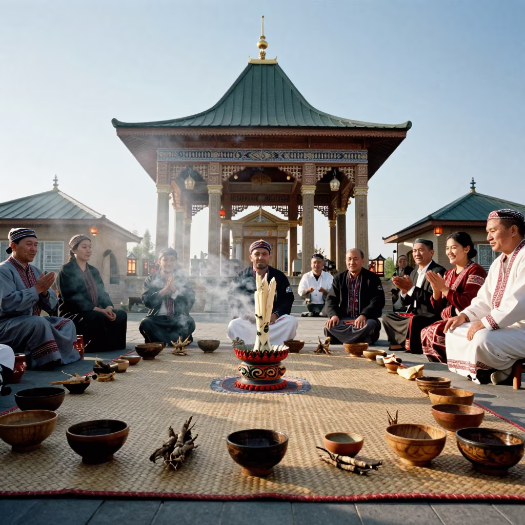 Tongan Kava Ceremony in Shymkent Shrine in in a shrine lined with lanterns in Shymkent