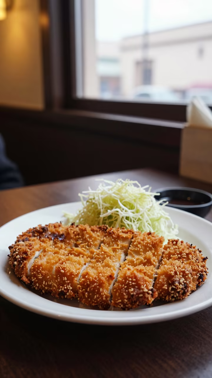 Tonkatsu and Cabbage on Casablanca Diner Table in at a roadside diner table in Casablanca