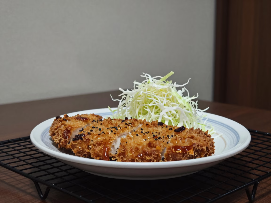 Tonkatsu and Cabbage on Cooling Rack in Ondjiva in on a bakery cooling rack in Ondjiva