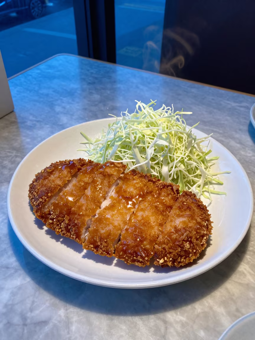 Tonkatsu and Cabbage on Marble Cafe Table in on a marble cafe table in San Diego