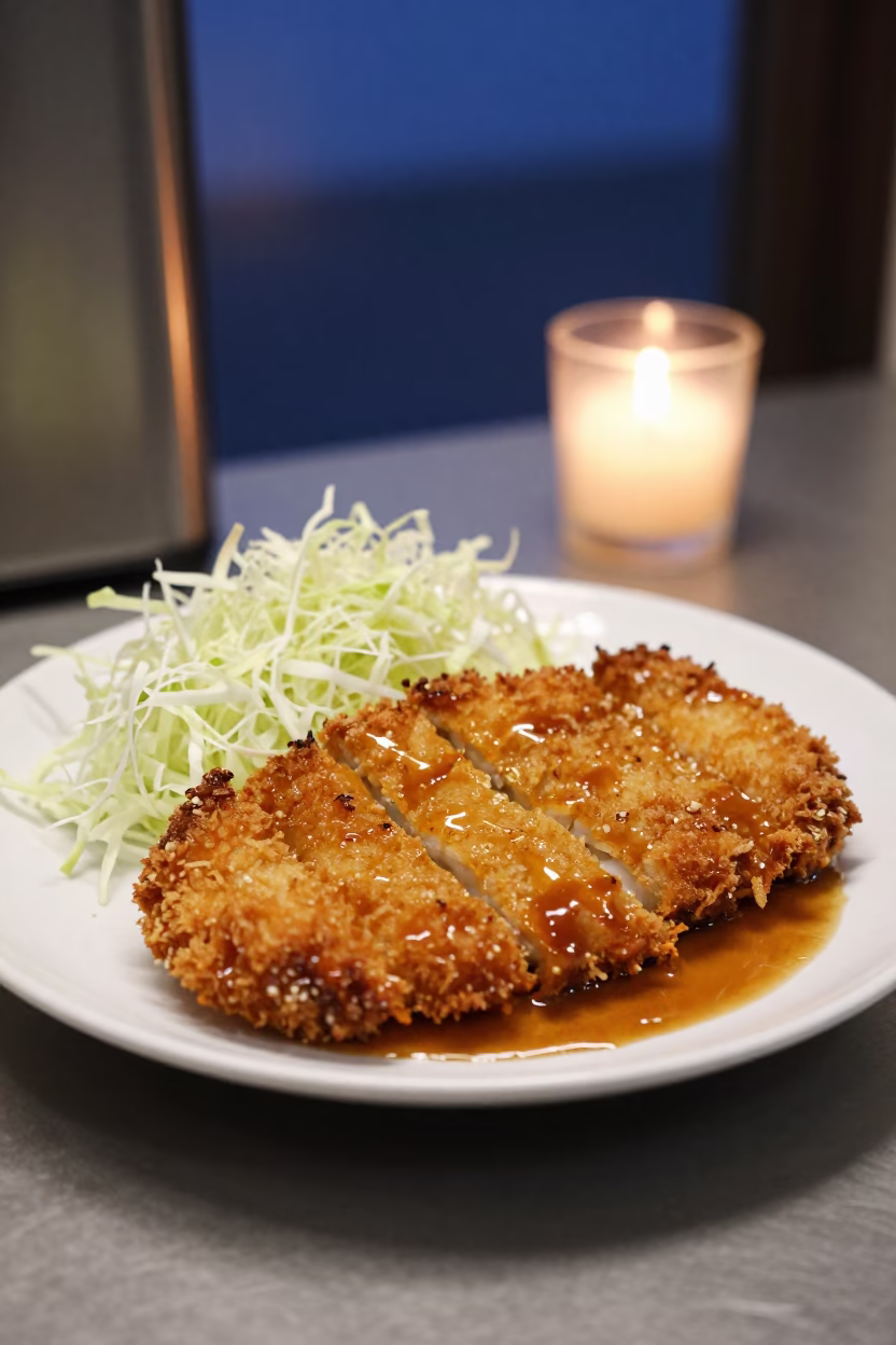 Tonkatsu Cabbage Plate Indigo Twilight Candlelight in on a kitchen worktop in Thao Dien, Ho Chi Minh City