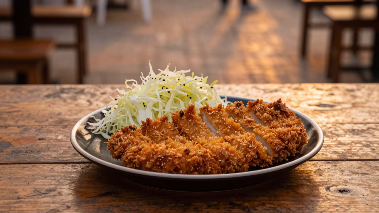 Tonkatsu with Cabbage on Rustic Table in on a rustic wooden table in Mostaganem