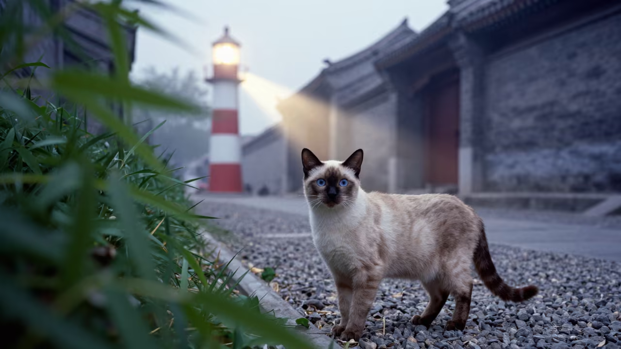 Tonkinese Cat in Beijing Midnight Mist in in a small yard with clipped grass, calm light, and the animal centered in frame in Nanluoguxiang, Beijing
