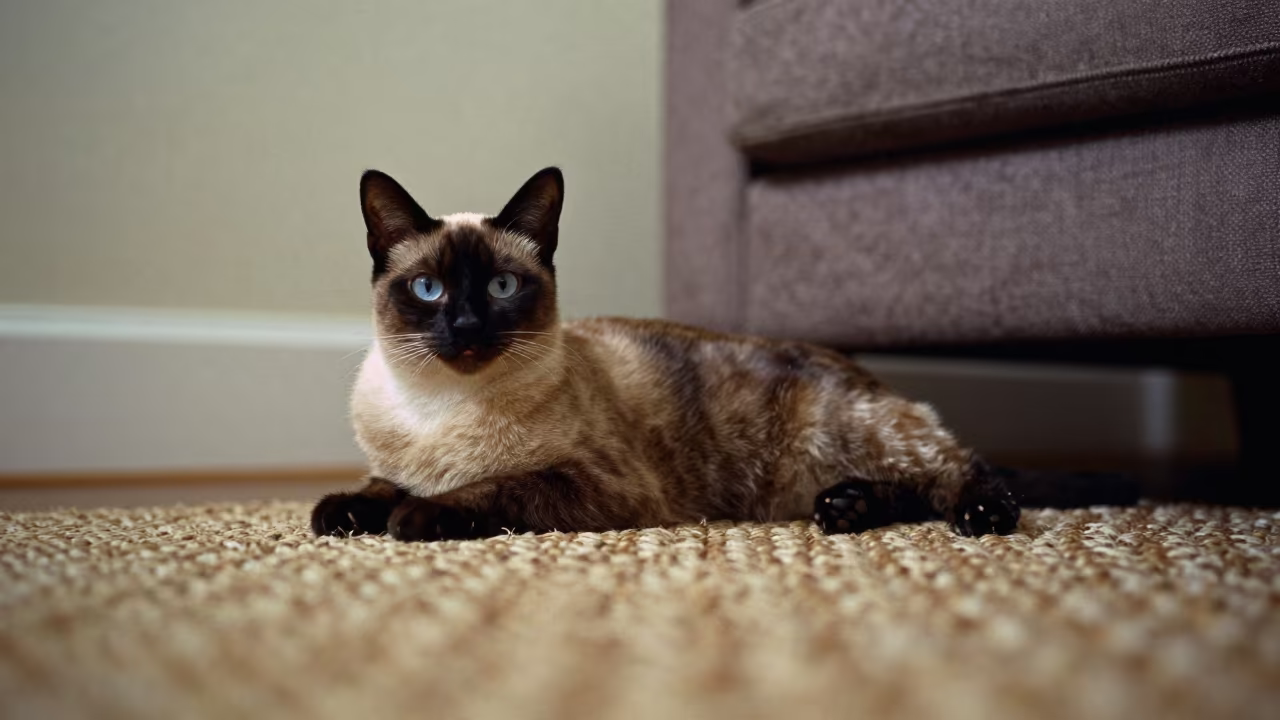 Tonkinese Cat Lounging on Rug in Victoria in on a woven rug beside a low couch and an uncluttered wall in Victoria