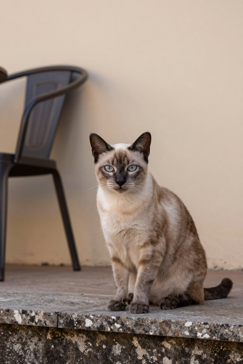 Tonkinese Cat Portrait Beside Courtyard Wall in Lubango in beside a plain courtyard wall in clear daylight with the animal at eye level in Lubango