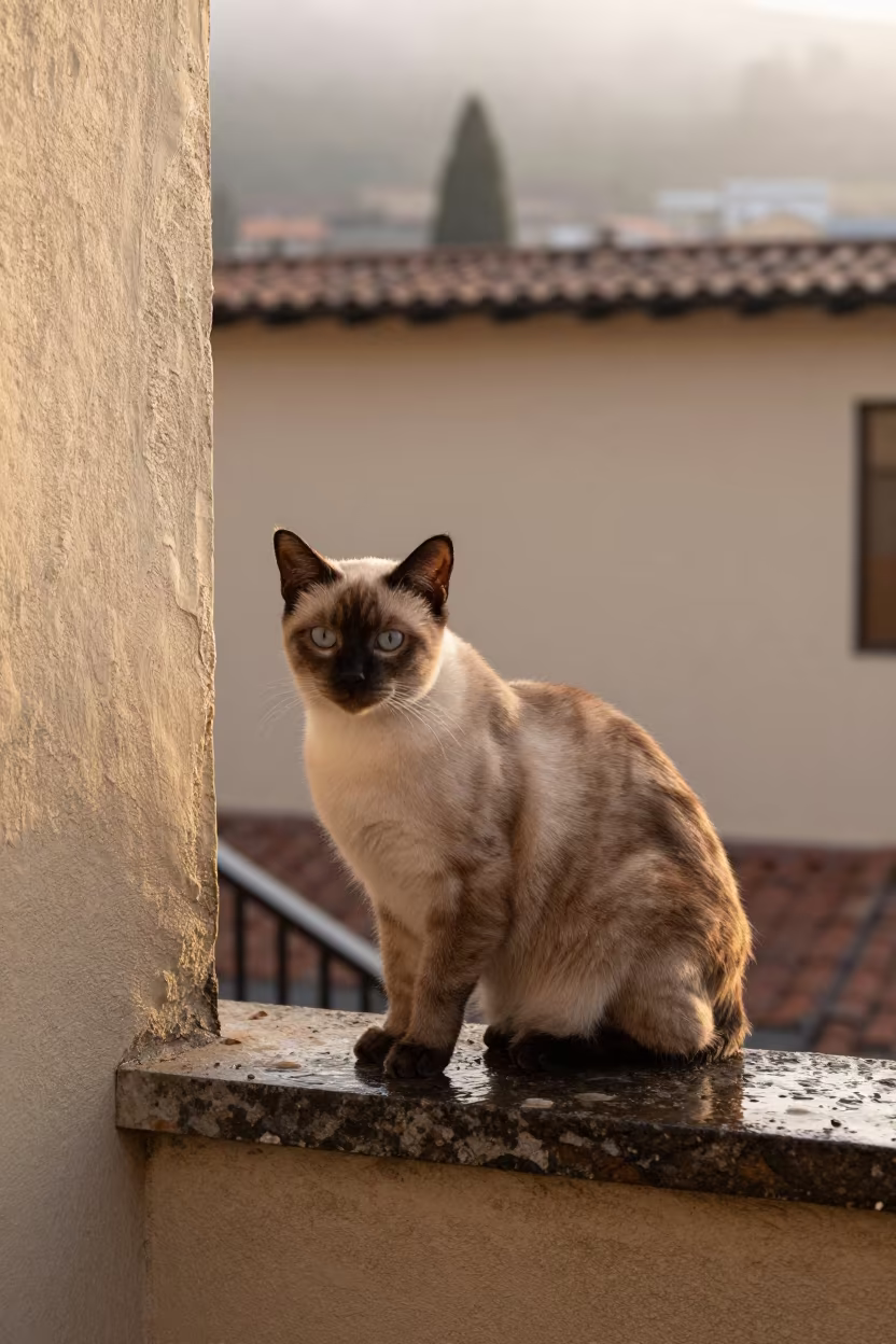 Tonkinese Cat Portrait Golden Hour Usaquen in beside a plain courtyard wall in clear daylight with the animal at eye level in Usaquen, Bogota