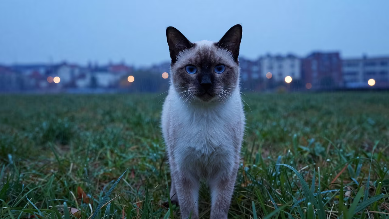 Tonkinese Cat Portrait in Bendigo Evening Rain in in a small yard with clipped grass, calm light, and the animal centered in frame in Bendigo
