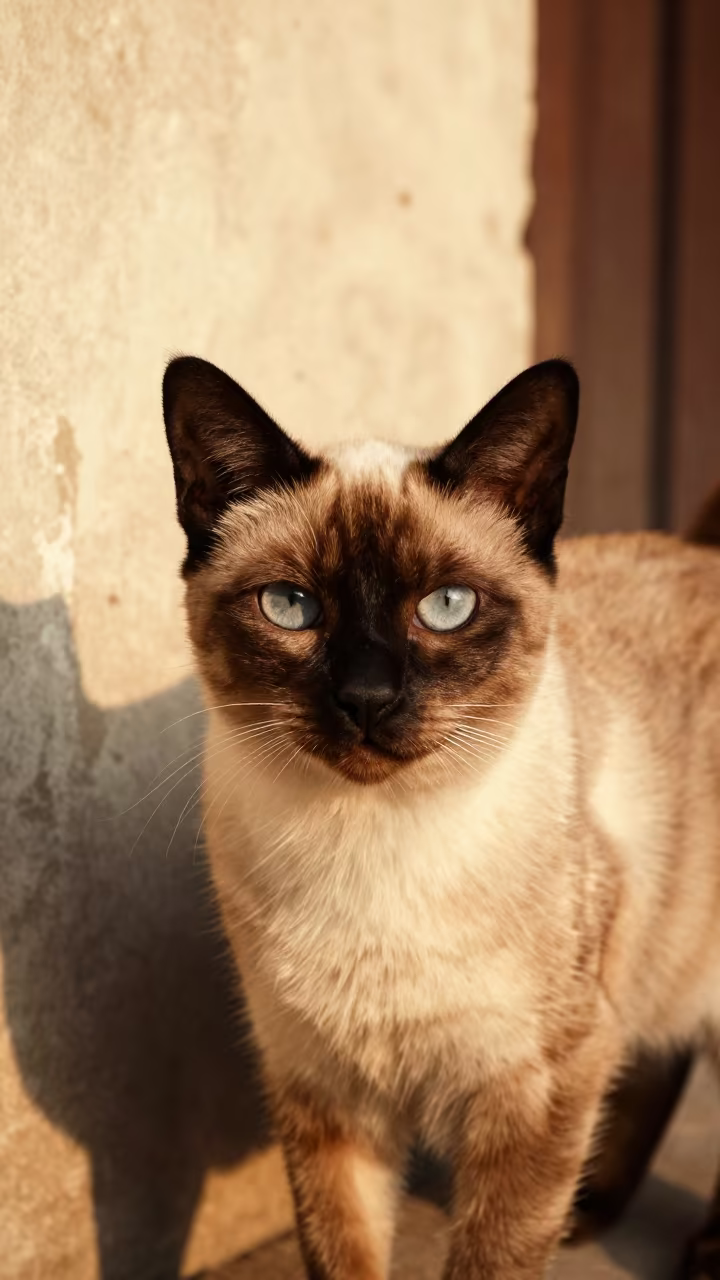 Tonkinese Cat Portrait in Winter Golden Light in beside a plain courtyard wall in clear daylight with the animal at eye level in Bareilly