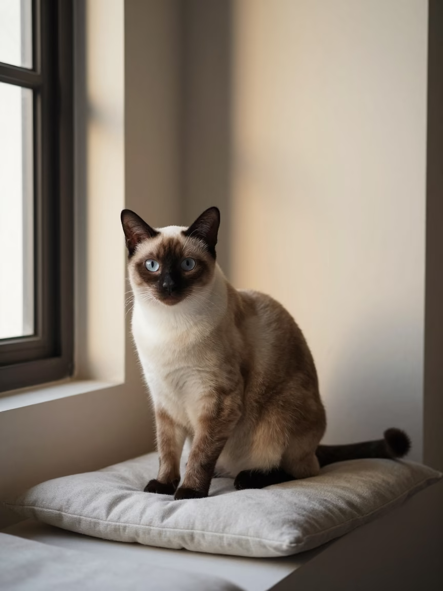 Tonkinese Cat Portrait on Bandung Window Seat in on a cushioned window seat with soft side light and an uncluttered background in Bandung
