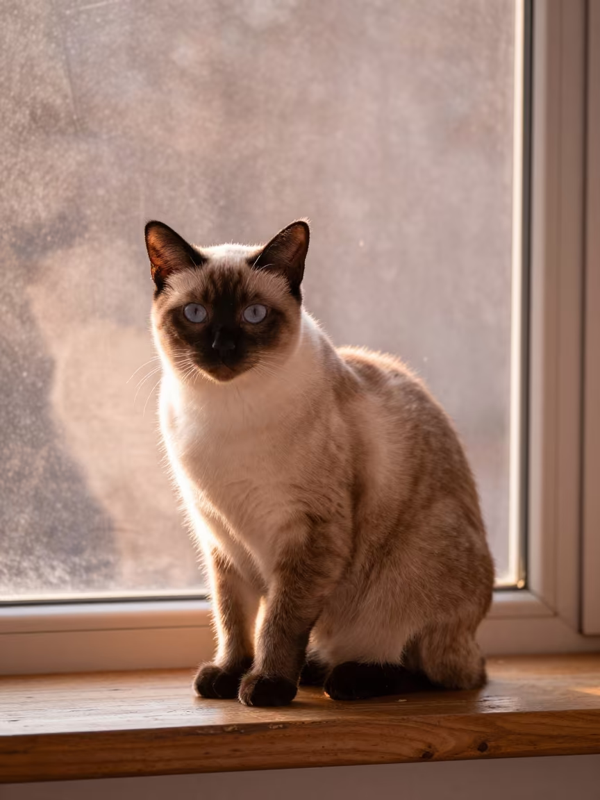 Tonkinese Cat Portrait on Window Seat in on a cushioned window seat with soft side light and an uncluttered background in Haiphong
