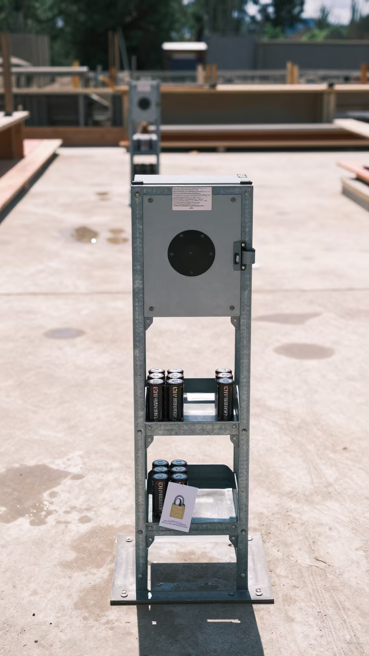 Tool Charging Rack Under Noon Sun in Punta Fijo in on an active construction deck in Punto Fijo