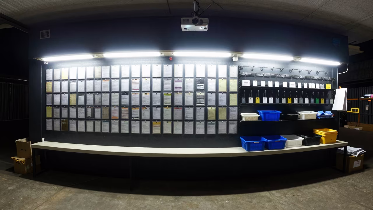 Tool Rental Inspection Board Night Chittagong in inside a stockroom behind the sales floor near Chittagong