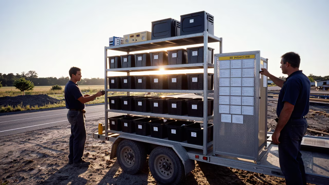 Tool Trailer Shelf Morning Haze Balkanabat in at a muddy site access road near Balkanabat