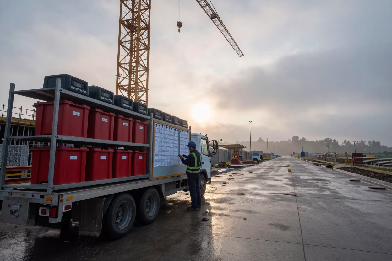 Tool Trailer Shelf Morning Haze Victoria in beneath a tower crane on open ground in Victoria