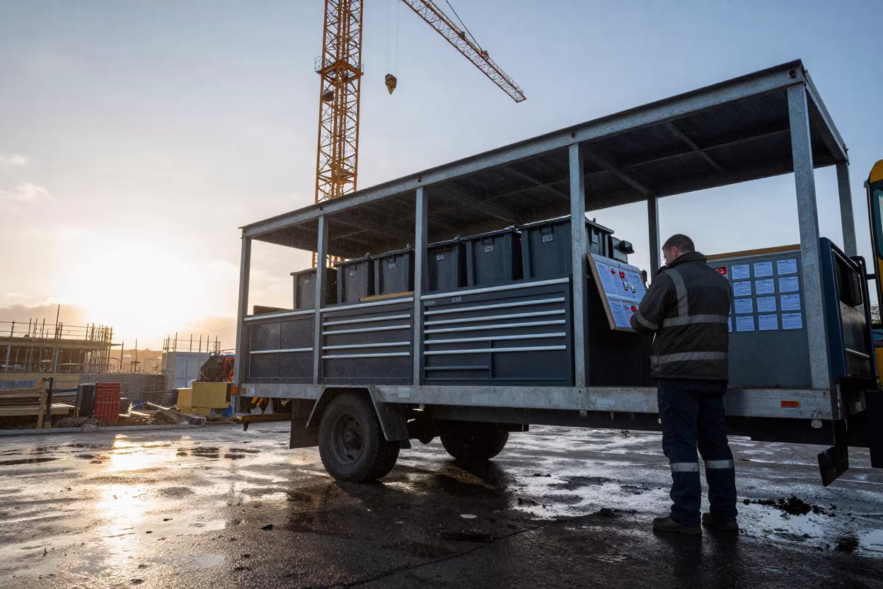 Tool Trailer Shelf With Serial Bins Under Crane in beneath a tower crane on open ground in Cornwall