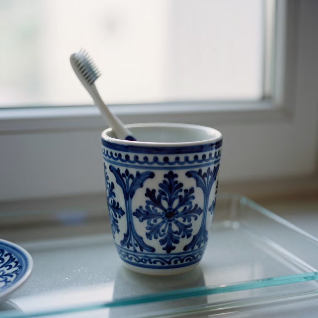 Toothbrush Cup on Glass Tray Morning Light in on a painted display ledge in Kütahya