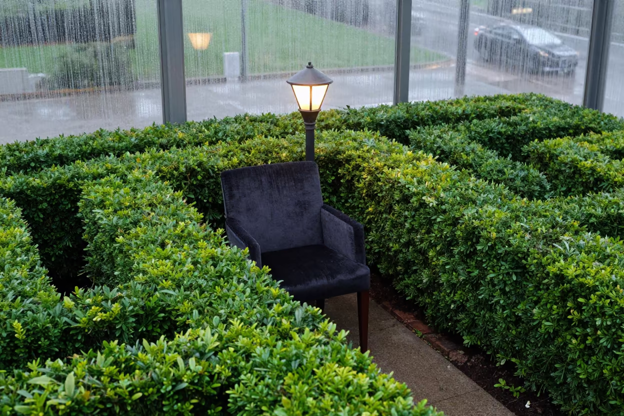 Topiary Maze Entrance Lit by Lamp Post on Velvet Chair in on a velvet chair near Minneapolis