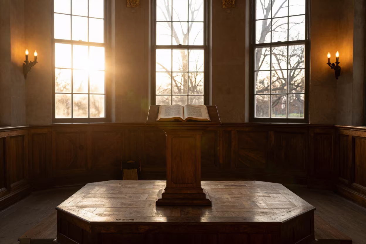 Torah on Bimah at Golden Hour in inside a timber synagogue hall in Lincoln Park, Chicago
