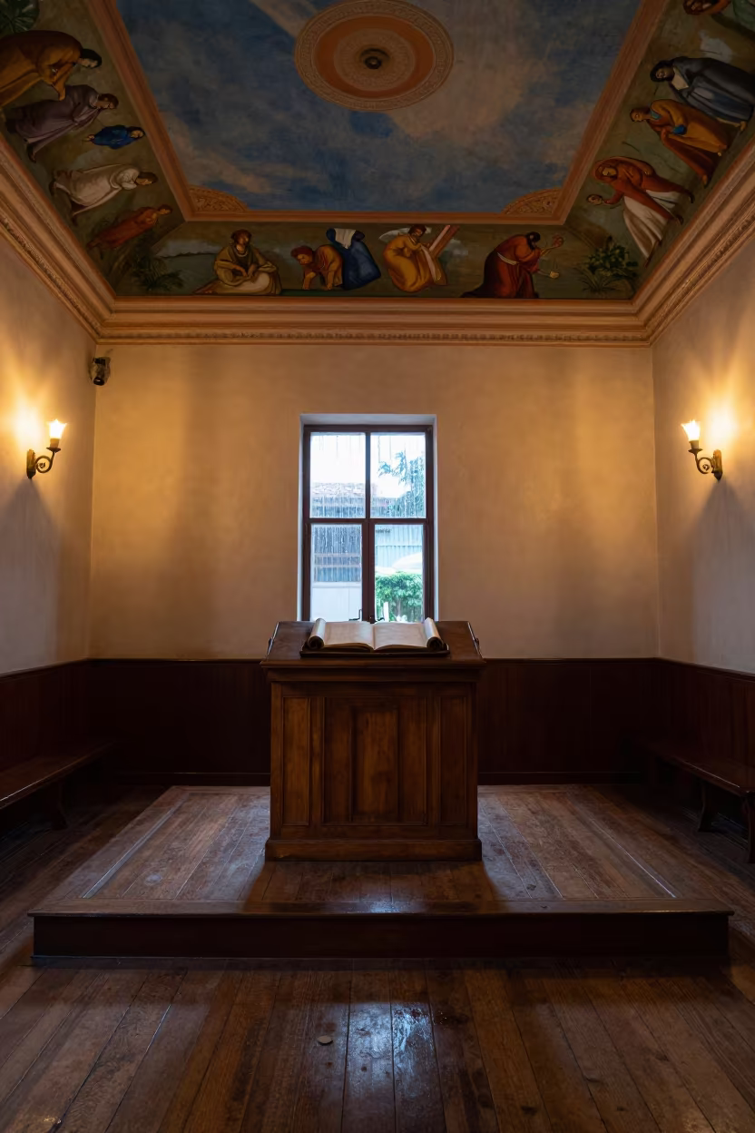 Torah on Bimah Under Painted Havana Ceiling in beneath a painted synagogue ceiling in Callejon de Hamel, Havana