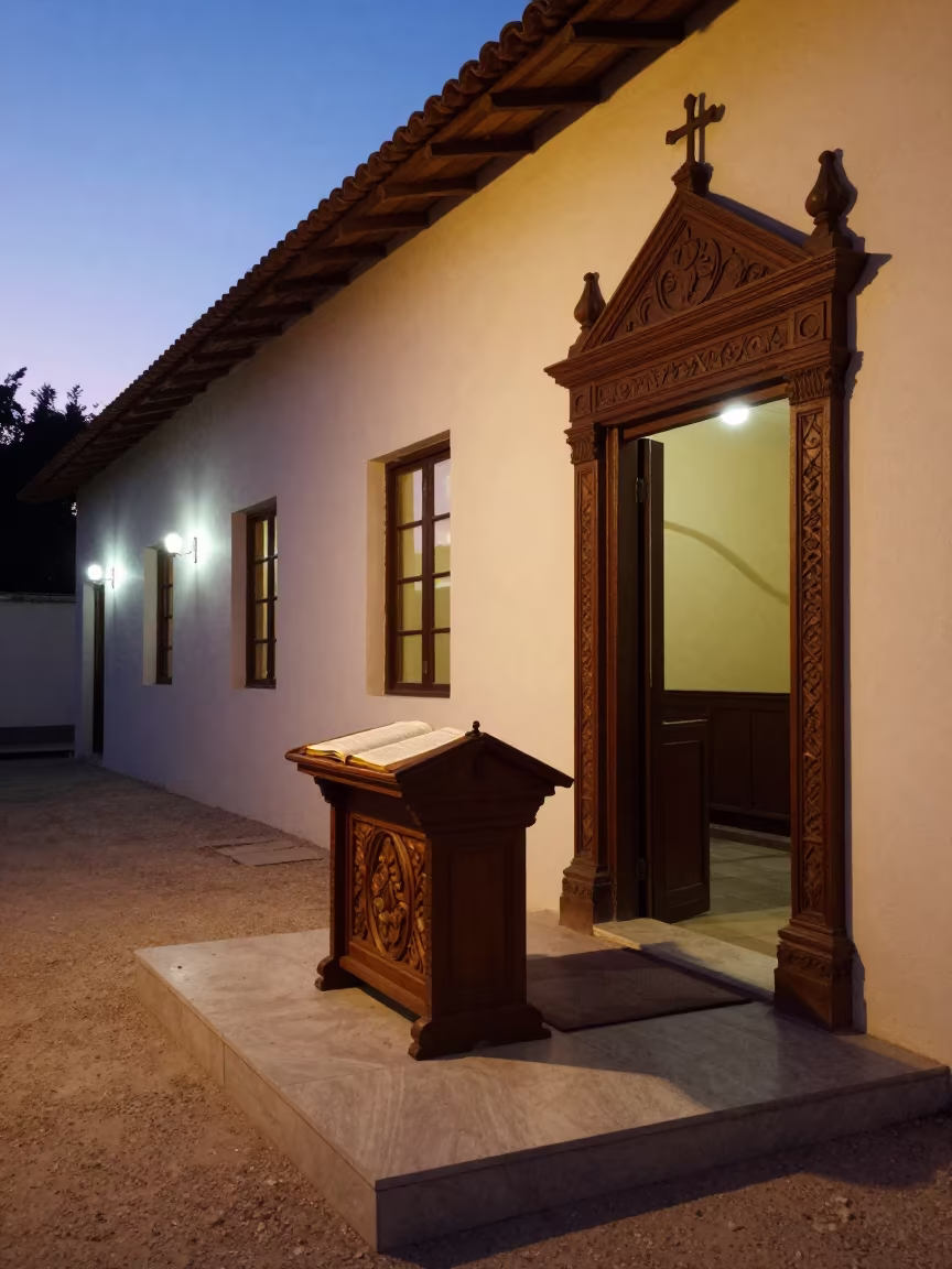 Torah Scroll on Bimah in Dim Synagogue Light in beside a carved Torah ark in Guarenas