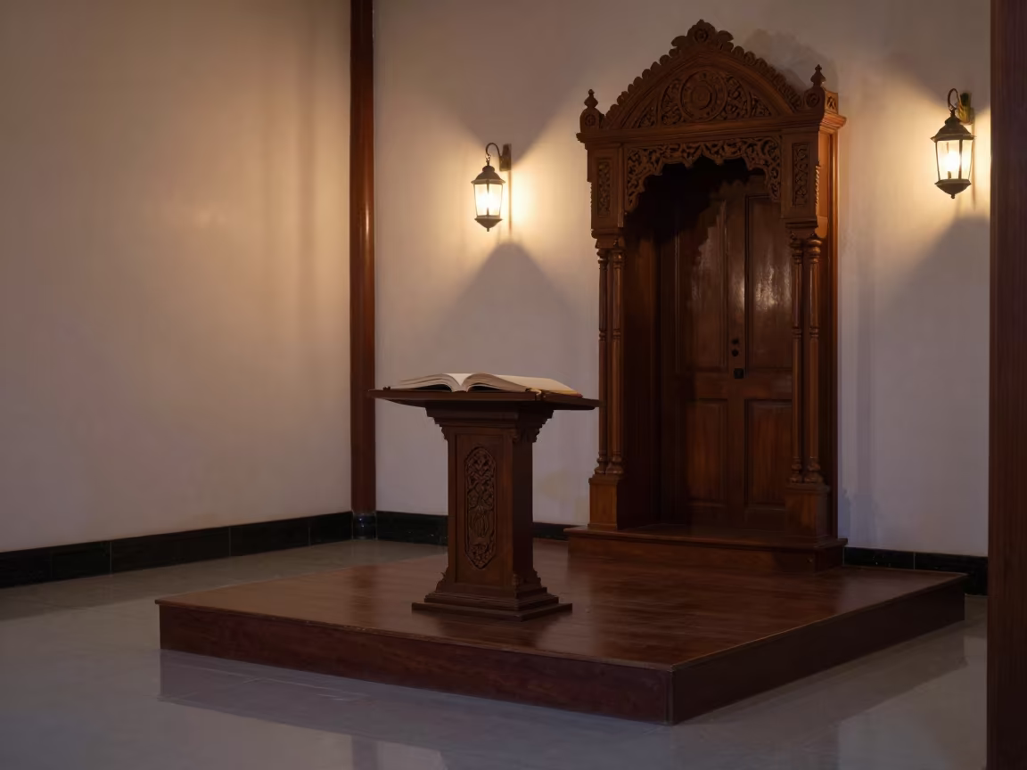 Torah Scroll Open on Synagogue Bimah Alleppey in beside a carved Torah ark in Alleppey