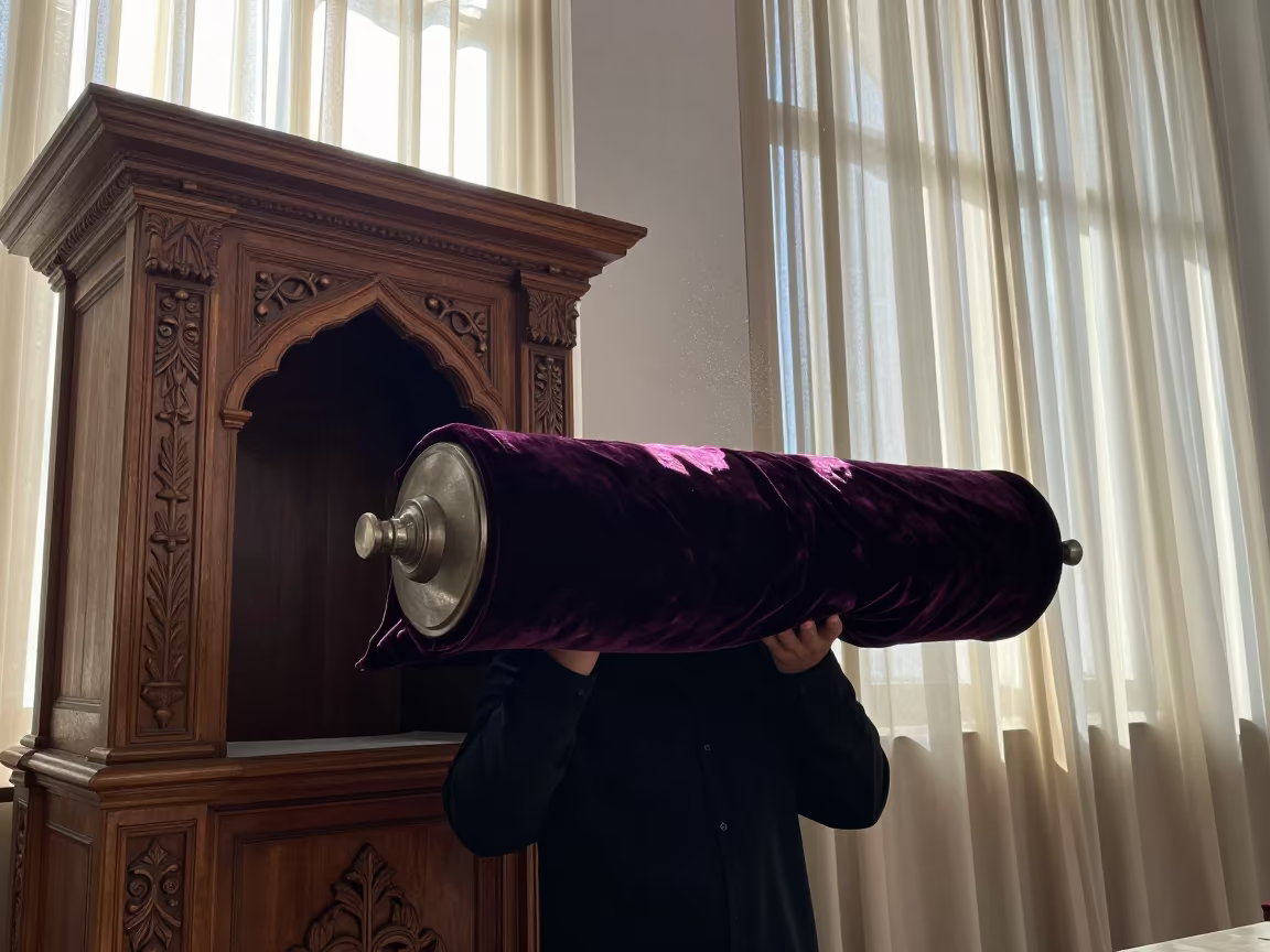 Torah Scroll Carried Through Synagogue Ark in beside a carved Torah ark in Lakota