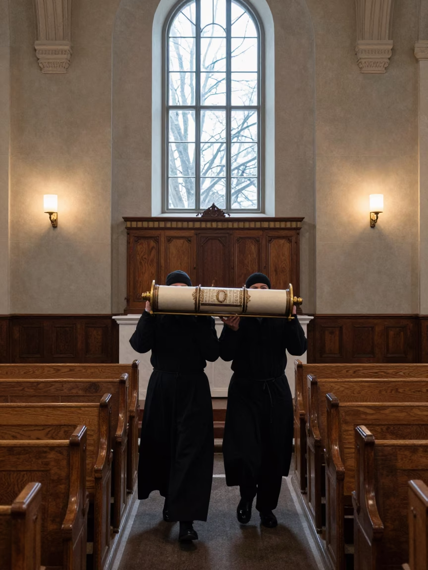 Torah Scroll Procession Winter Synagogue Charlotte in inside a synagogue sanctuary in Charlotte