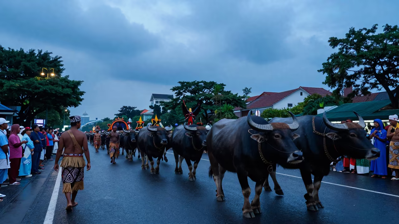 Toraja Buffalo Parade Jakarta Twilight Square in at a public square during a festival near Blok M, Jakarta